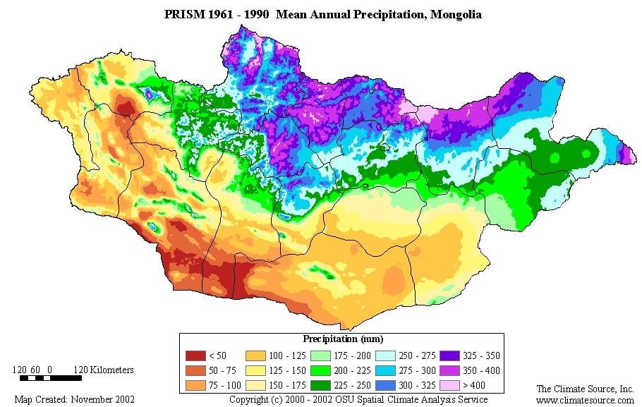 карта на гъстота на населението на Монголия 